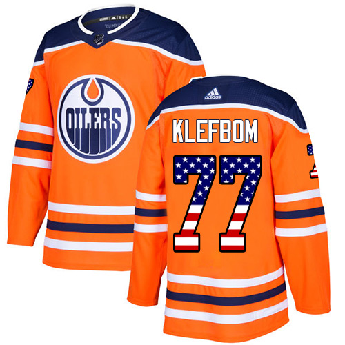 Adidas Oilers #77 Oscar Klefbom Orange Home Authentic USA Flag Stitched NHL Jersey